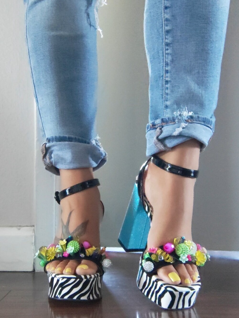 RARE BETsy Johnson Zebra Print Platform Sandals with Colorful 3D Embellishments - Picture 6 of 9